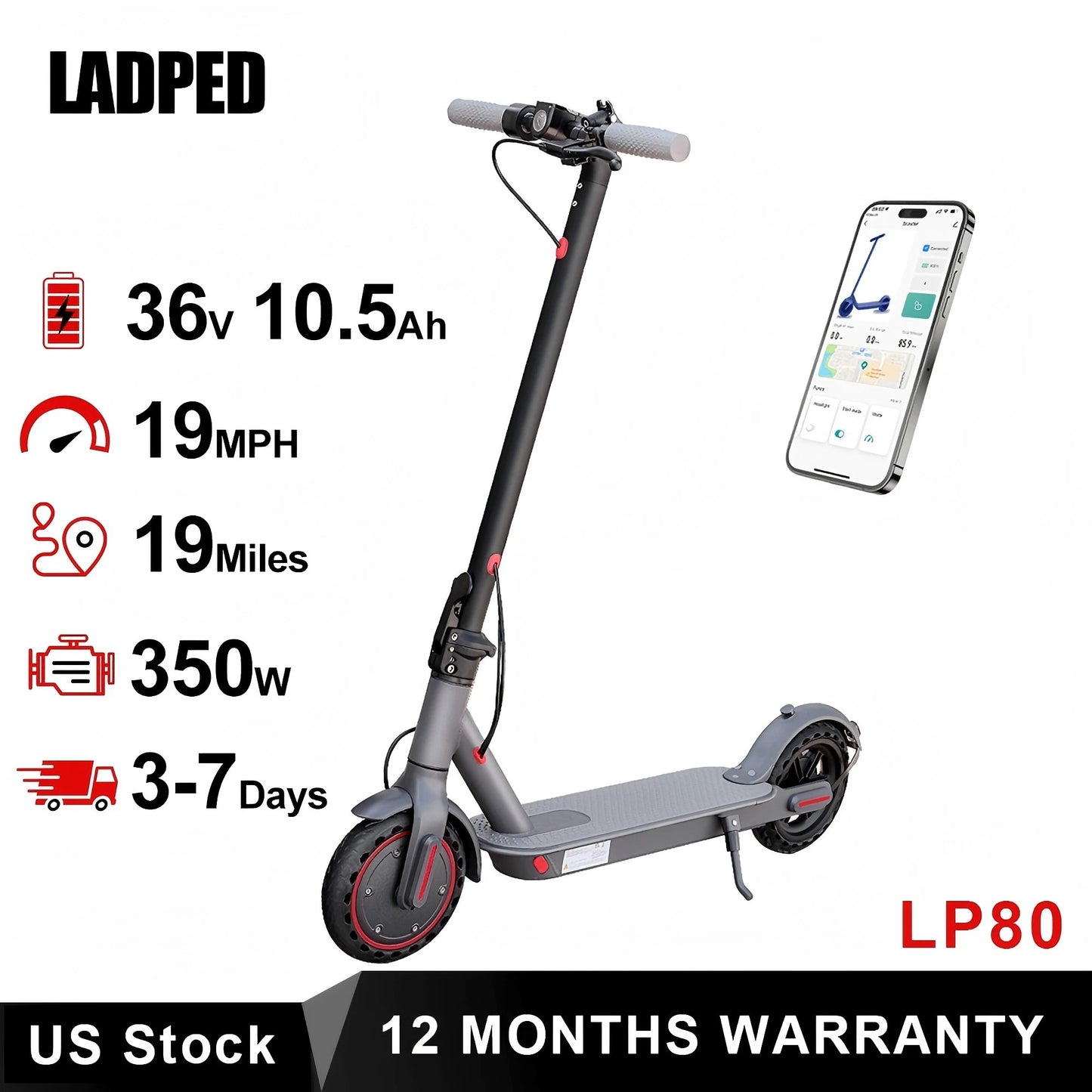 LADPED Electric Scooter 350W 19mph APP Smart Scooter Shock-absorbing Anti-skid 8.5 Inches Folding waterproof Electric Scooter