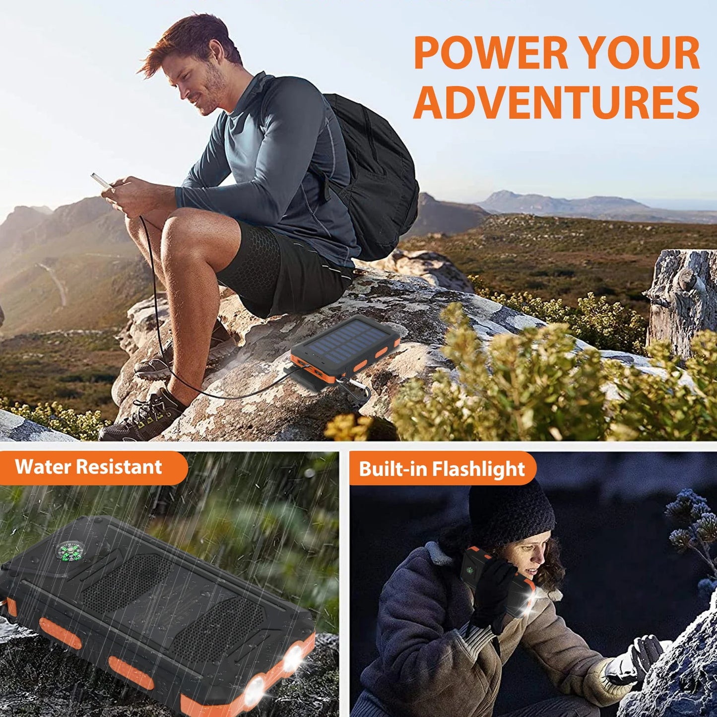 20000mAh Solar Charger for Cell Phone Portable Solar Power Bank Dual 5V USB Ports 2 LED Light Flashlight for Outdoor Camping Hik