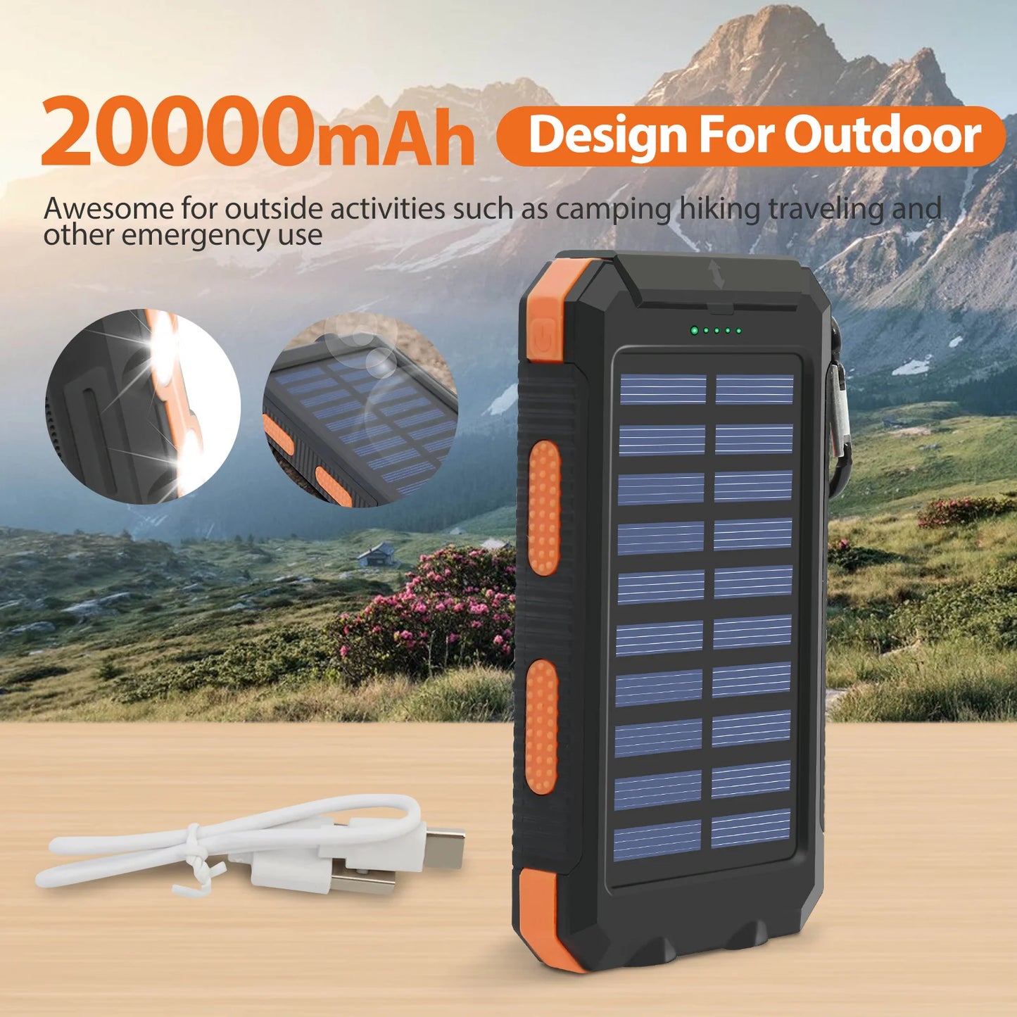 20000mAh Solar Charger for Cell Phone Portable Solar Power Bank Dual 5V USB Ports 2 LED Light Flashlight for Outdoor Camping Hik