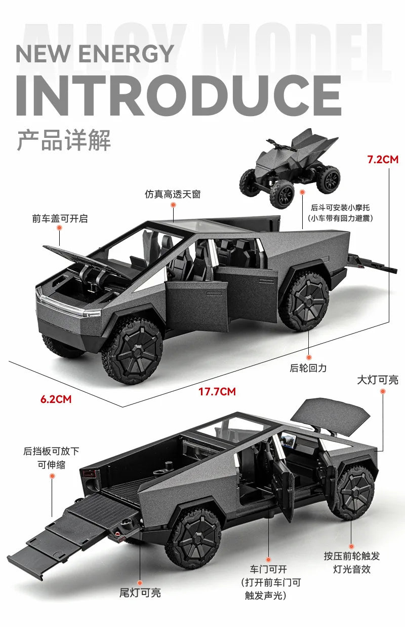 1:32 Cybertruck Toy Alloy Off Road Diecast Metal Model Sound & Light Pull Back Toy Gift for Friends Decorative Trendy Ornaments