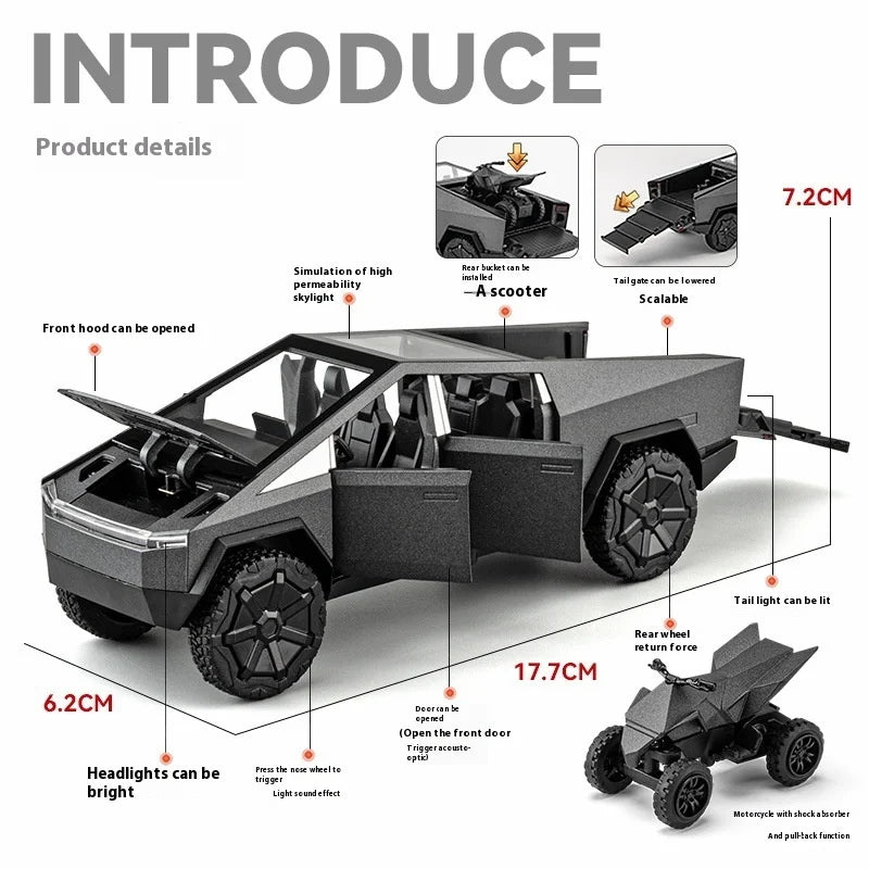 1:32 Cybertruck Toy Alloy Off Road Diecast Metal Model Sound & Light Pull Back Toy Gift for Friends Decorative Trendy Ornaments